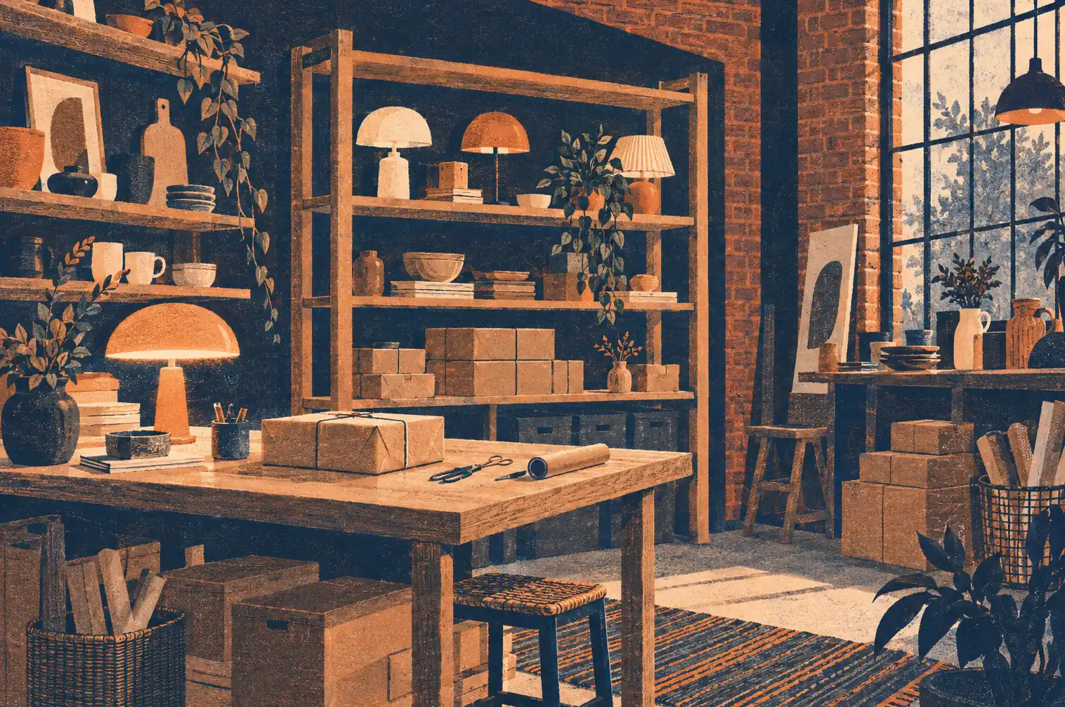 Illustration of independent retailers and their working space